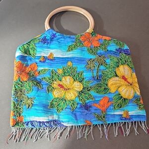 Floral Blue Hibiscus Hawaiian Inspired Handbag with Wooden Handles
